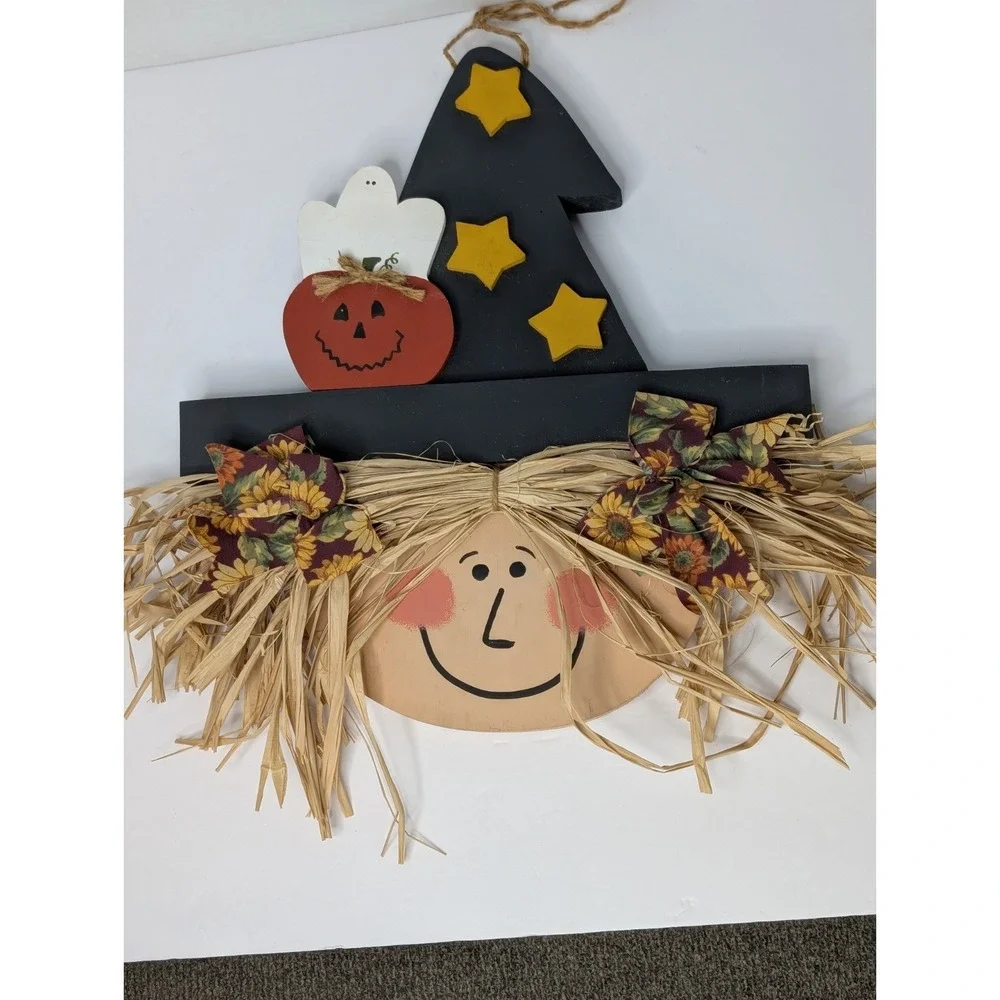 Handmade Wooden Halloween Witch Hat Wall Hanging Rustic Straw Hair Decor